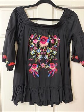 Black Embroidered Peasant Blouse with Bright Floral Stitching